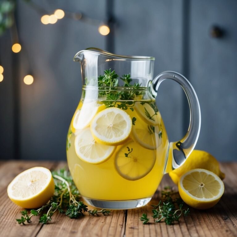 Glass pitcher of lemonade with lemon slices and herbs