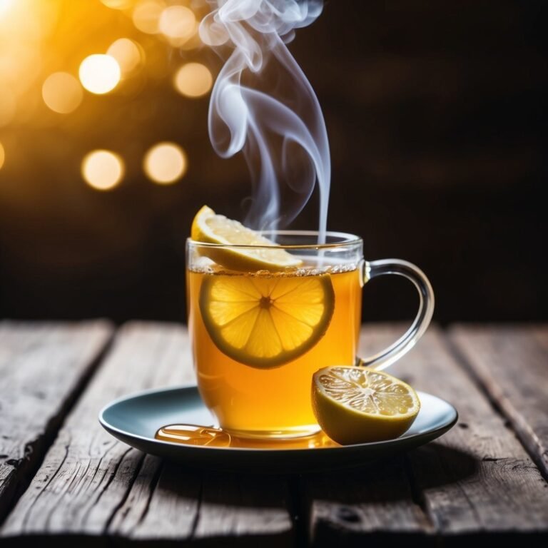Steaming cup of lemon tea on a saucer, with lemon slices