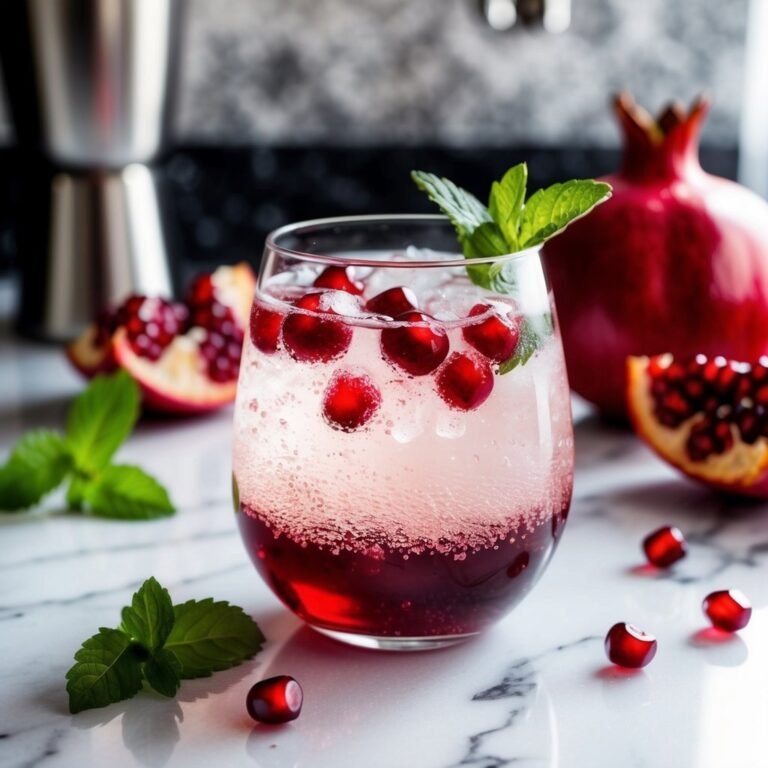 Pomegranate cocktail with mint garnish, ice, and whole pomegranates on marble