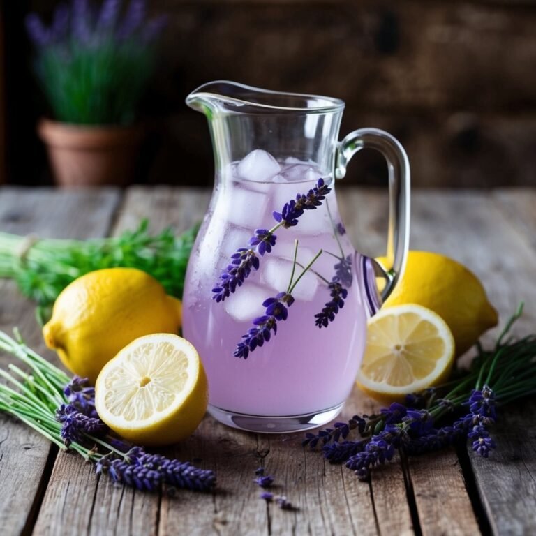 Lavender lemonade in a glass pitcher with lemons and lavender sprigs