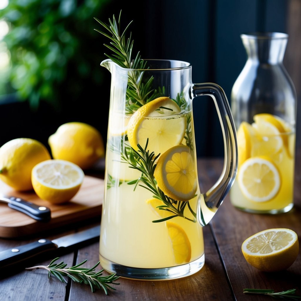 Lemonade pitcher with lemons and rosemary on a wooden table