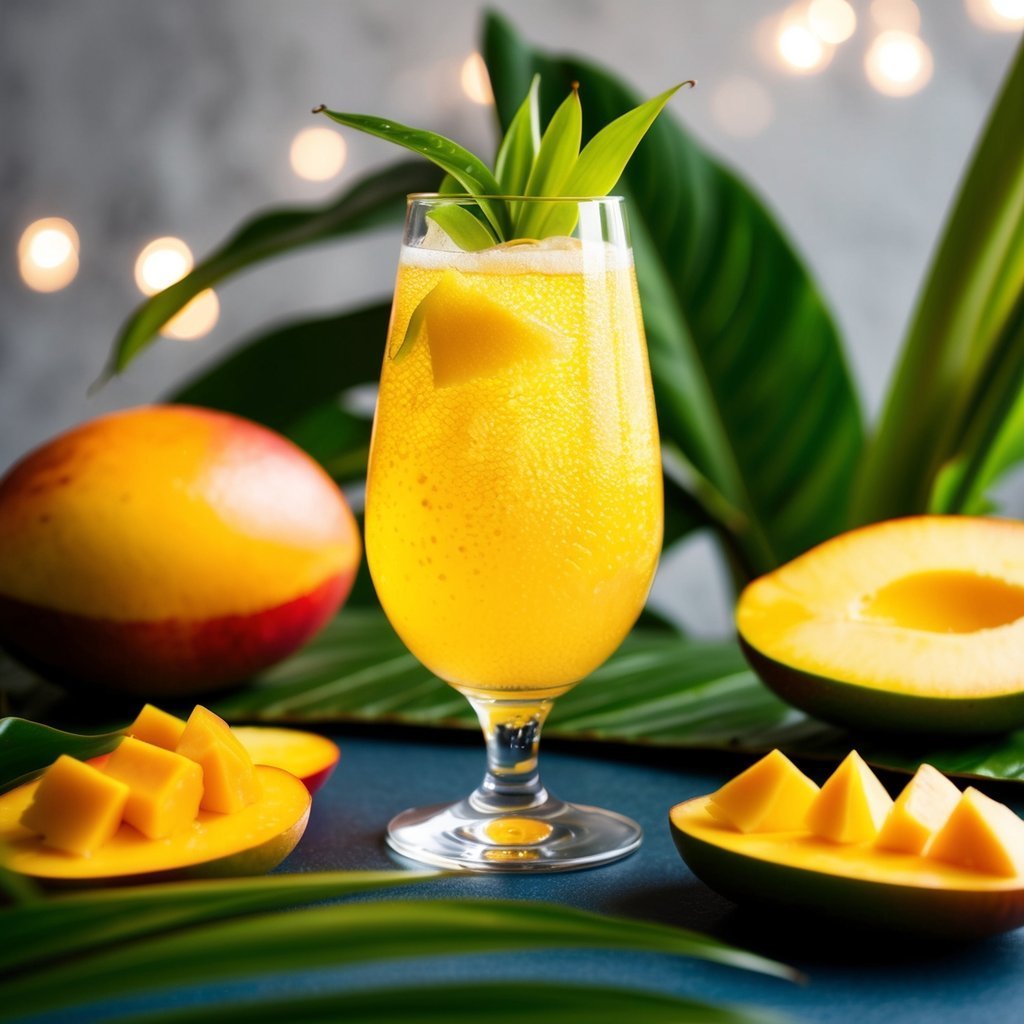 Mango smoothie in a glass with mango slices and tropical leaves