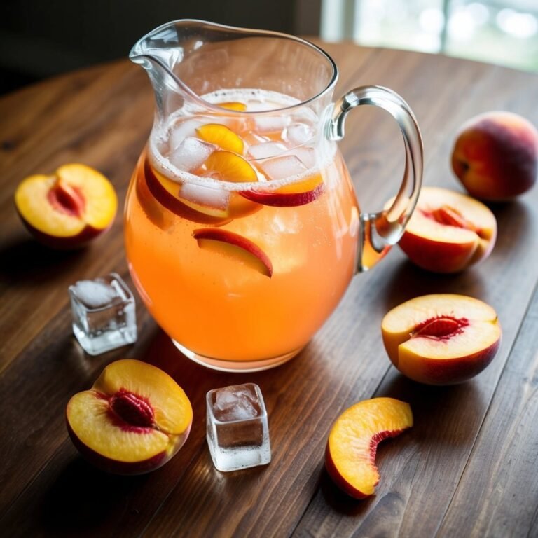 Peach lemonade in a glass pitcher with ice and peach slices