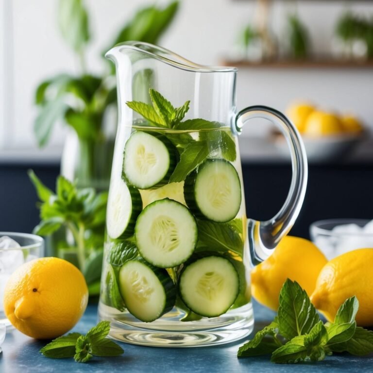 Pitcher of cucumber and mint infused water with lemons