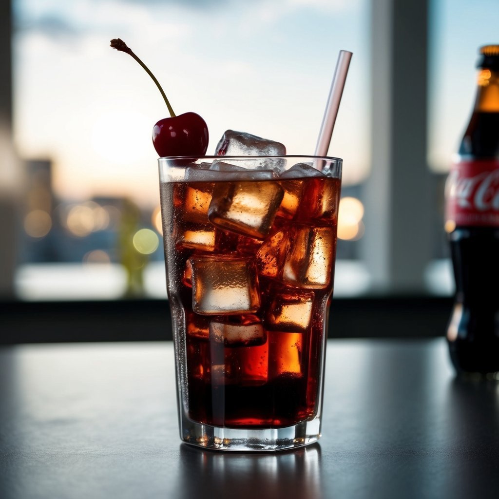 Glass of cola with ice, cherry, and straw, bottle in background