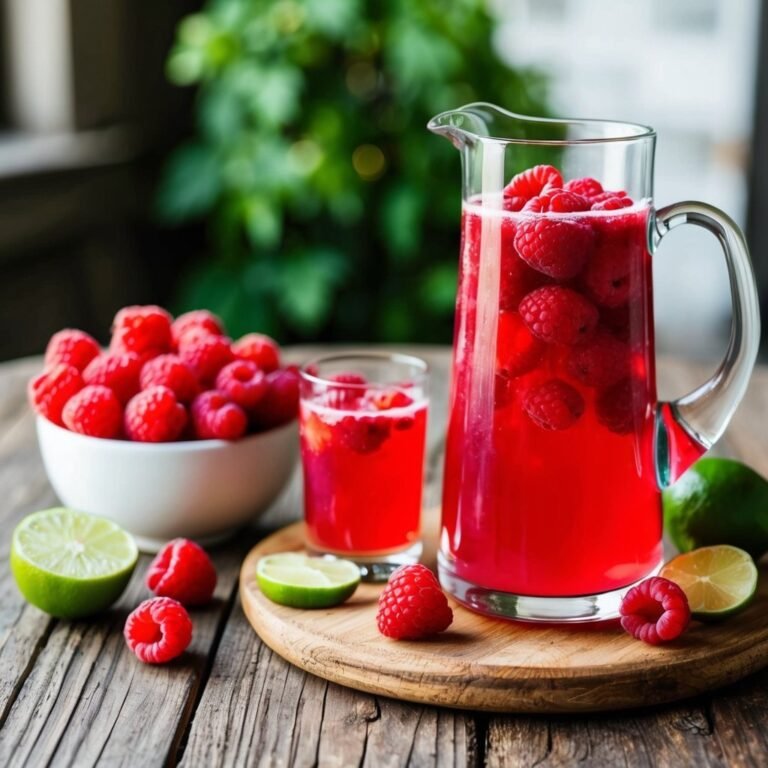 Raspberry lemonade in a pitcher and glass, with fresh raspberries and limes