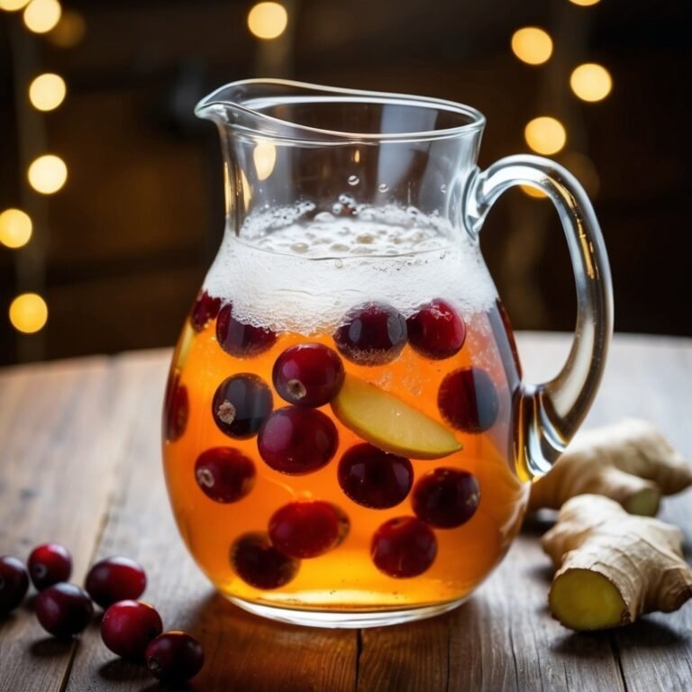 Glass pitcher of cranberry and ginger beverage on wooden table