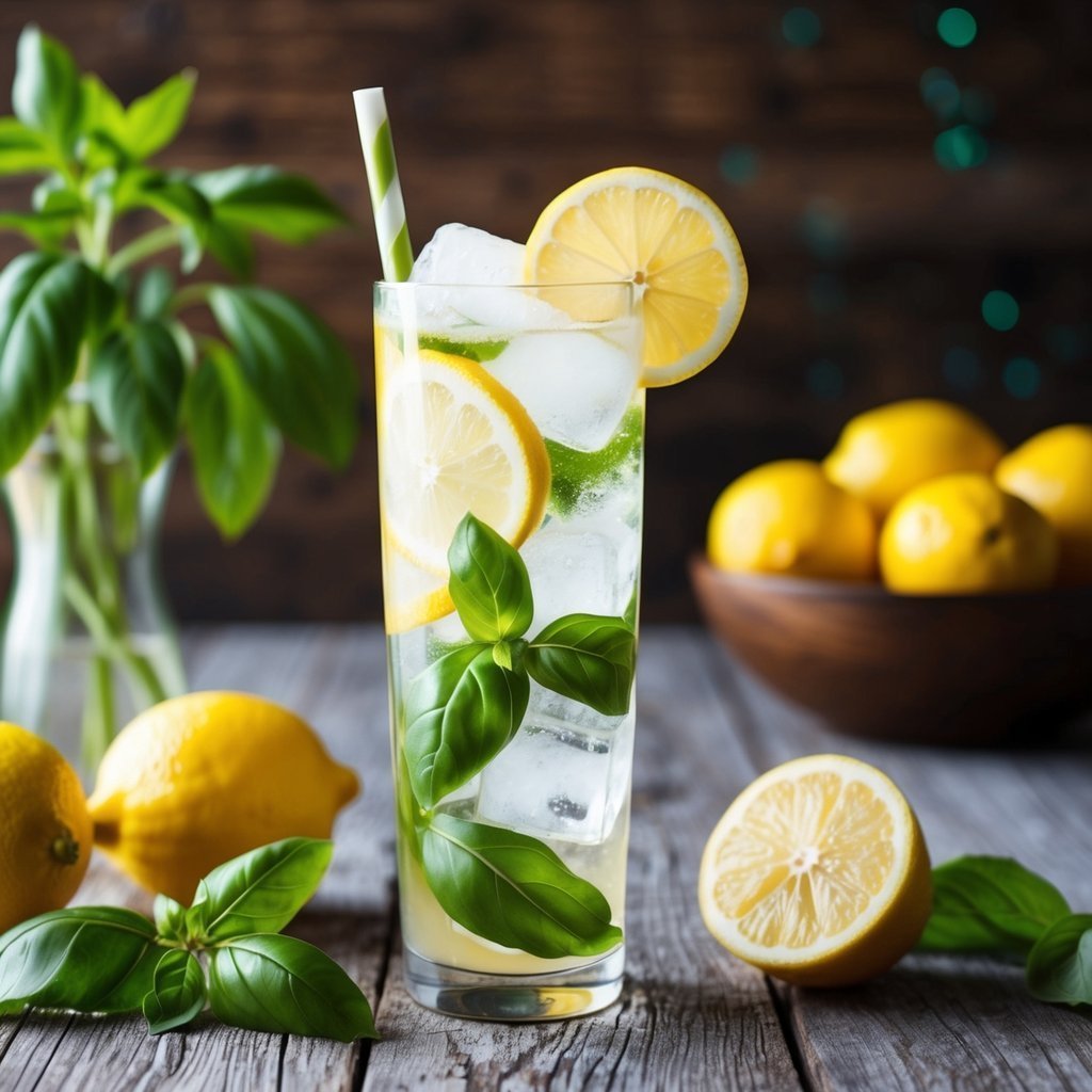Lemon basil cocktail with ice, lemons, and basil on a wooden table