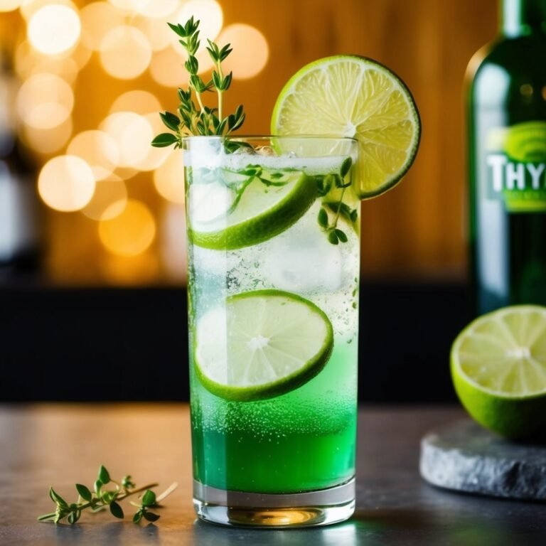 Green cocktail with lime slices, thyme, and ice in a tall glass