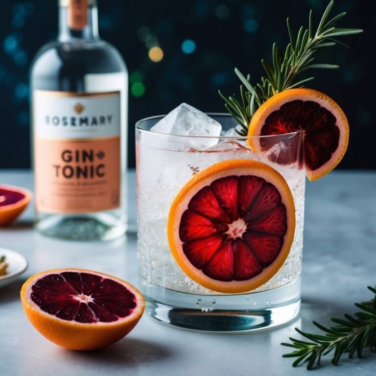 Gin and tonic cocktail with blood orange slices and rosemary sprig