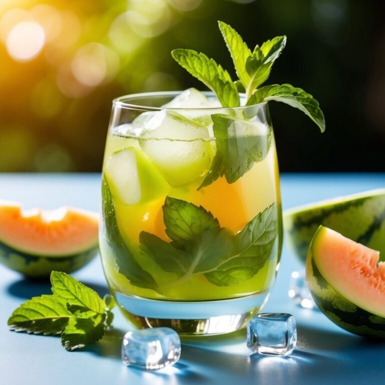 Refreshing melon drink with mint, ice, and melon slices on a blue surface