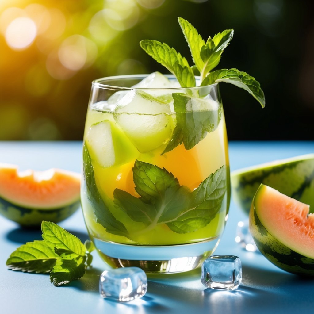 Refreshing melon drink with mint, ice, and melon slices on a blue surface