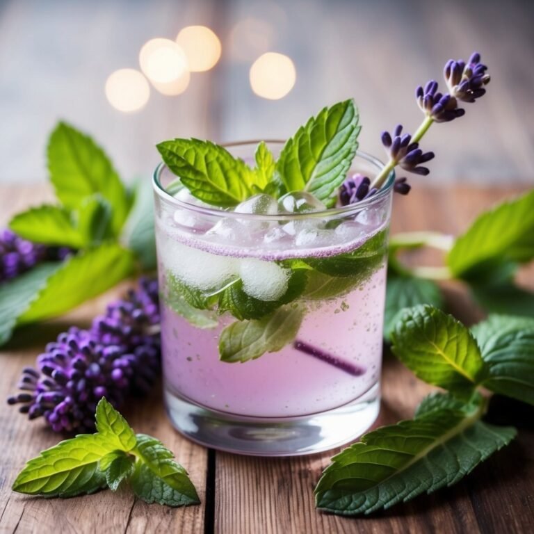 Pink cocktail with mint, ice, and lavender on a wooden table