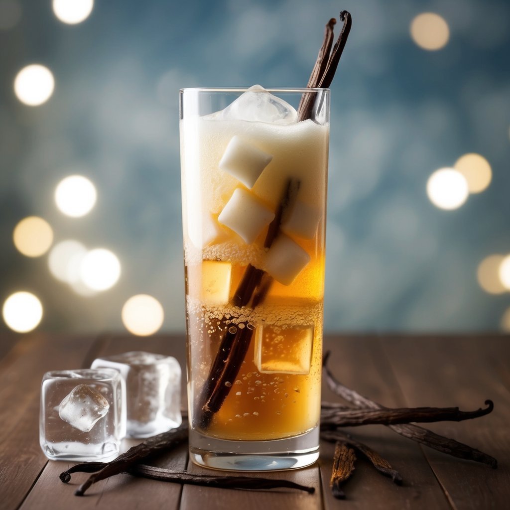 Tall cocktail with vanilla beans, ice cubes, and sugar cubes on a wood surface