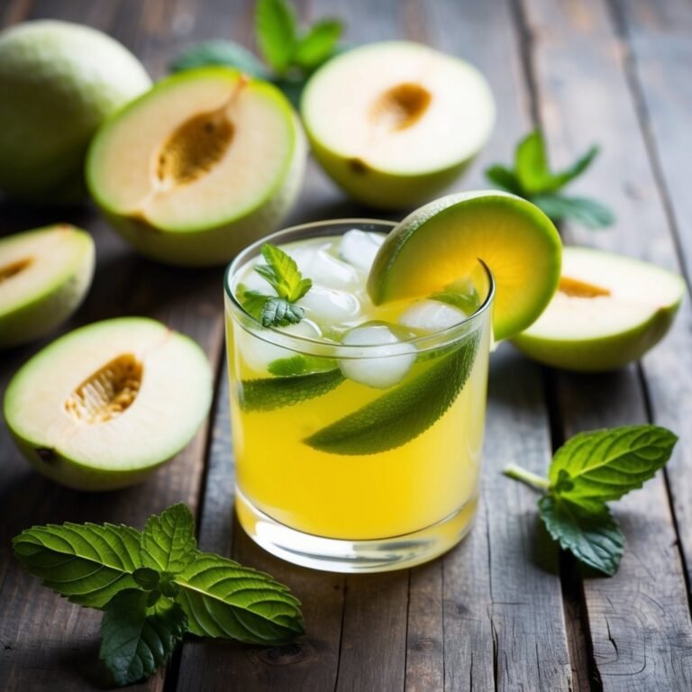 Yellow melon drink with ice, mint, and melon slices on a wooden table