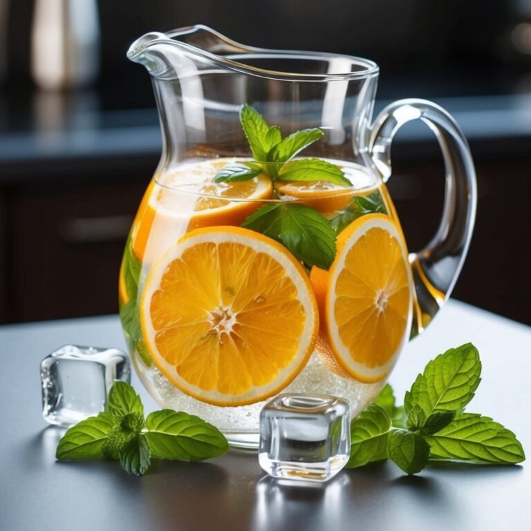 Glass pitcher of orange slices, mint, and ice cubes on a table