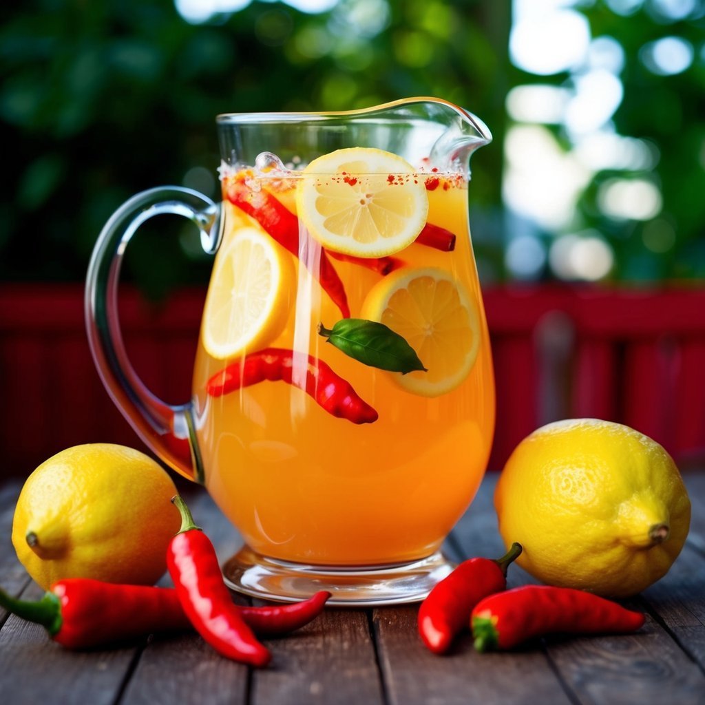 Pitcher of lemonade with lemons, chili peppers, and basil