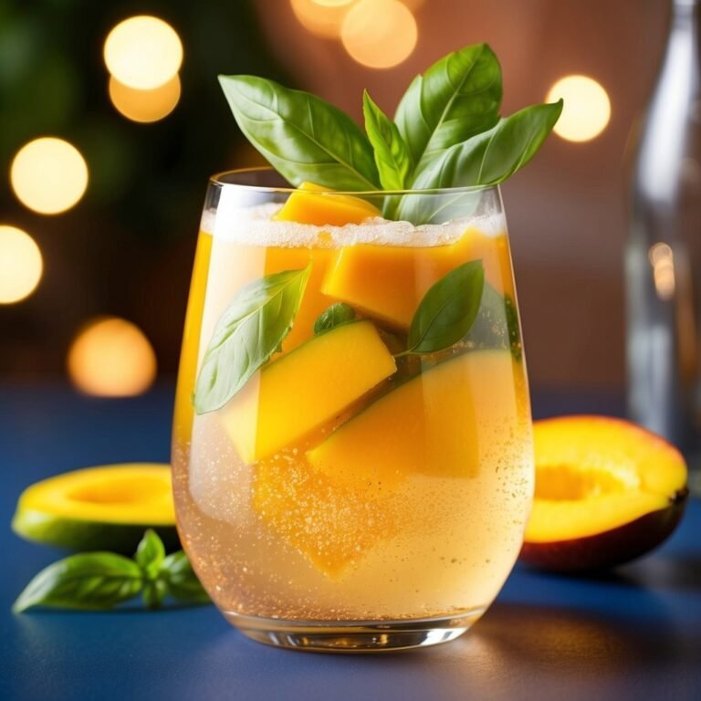 Mango cocktail with basil garnish, mango slices, and bubbles in a glass