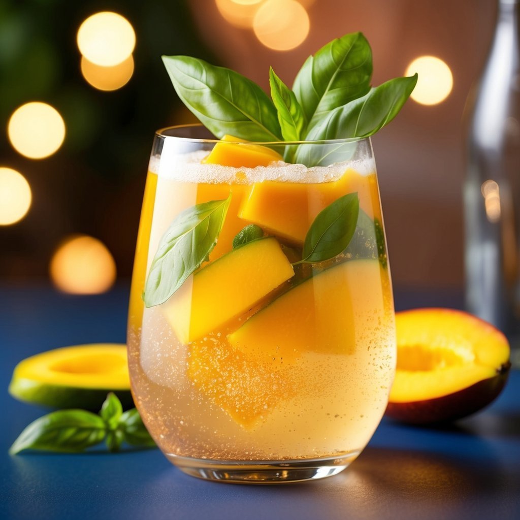 Mango cocktail with basil garnish, mango slices, and bubbles in a glass