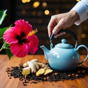 A hand holding a blue teapot next to a hibiscus flower and ginger