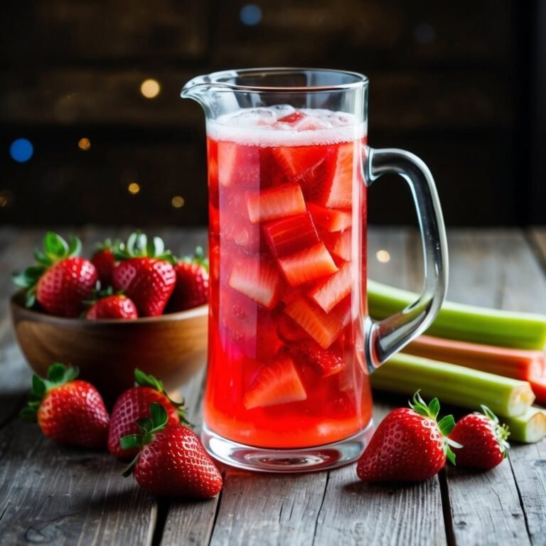 Strawberry lemonade in a pitcher with fresh strawberries and rhubarb