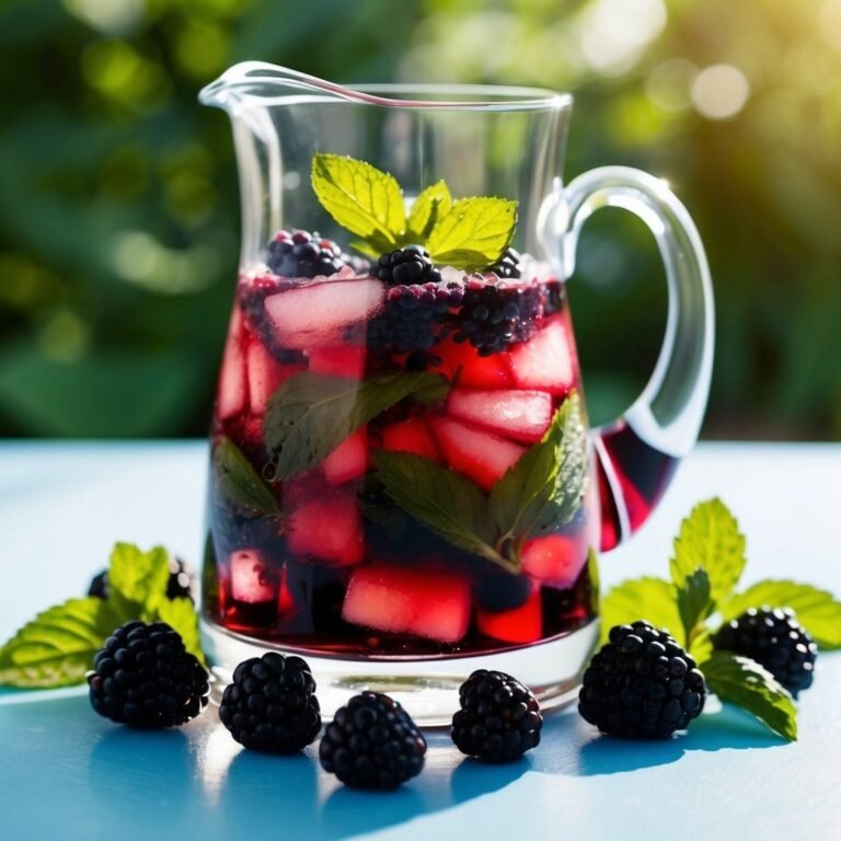 Pitcher of blackberry and strawberry infused water with mint