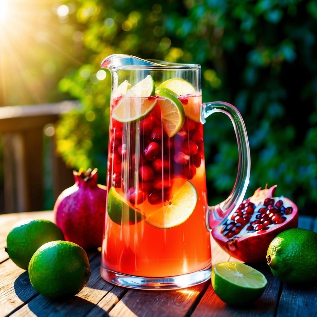 Pitcher of pomegranate and lime juice with fruit on a wooden table