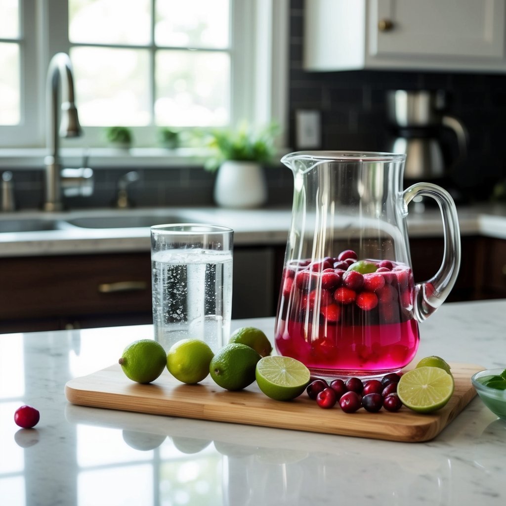 Pitcher of cranberry juice with limes and cranberries on a wooden board