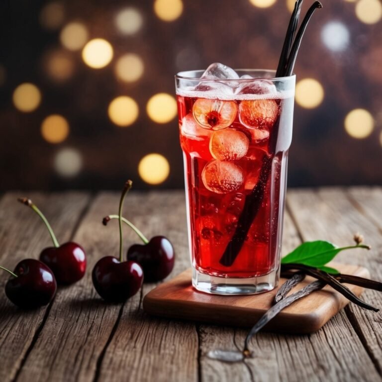 Cherry cocktail with ice, vanilla beans, and fresh cherries on a wooden surface