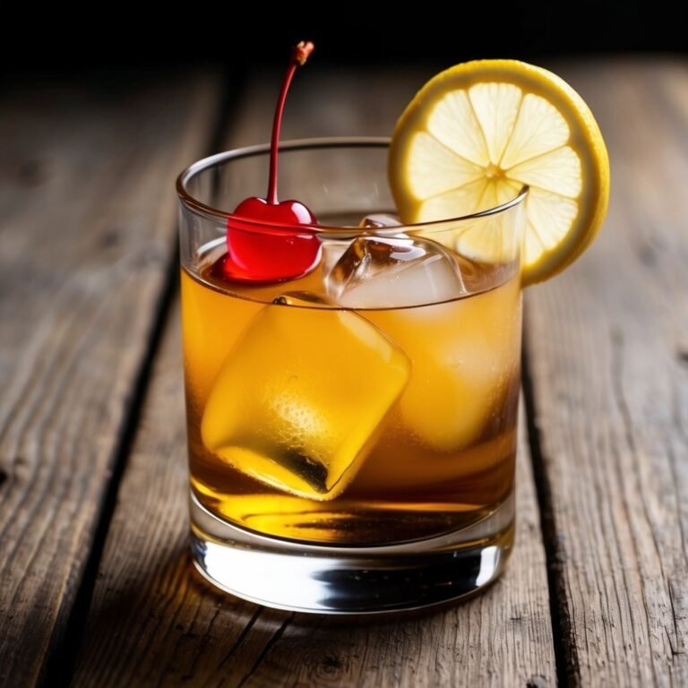Cocktail with cherry and lemon garnish, ice cubes, on a wooden surface