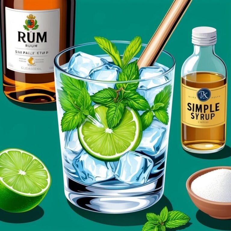Mojito ingredients: rum, lime, mint, simple syrup, ice, and sugar