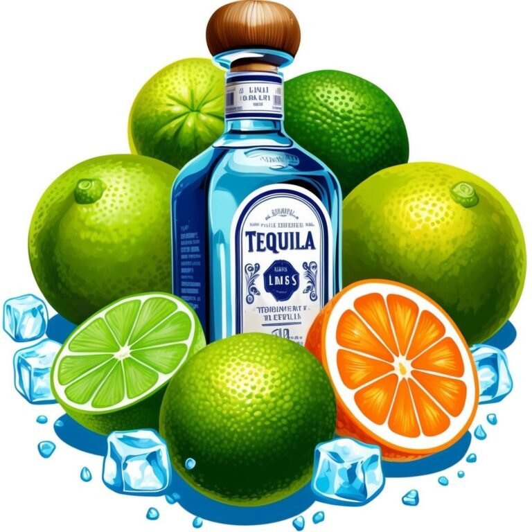 Bottle of tequila surrounded by limes, an orange slice, and ice cubes
