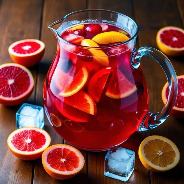 Sangria in a pitcher with fruit slices and ice cubes on wood