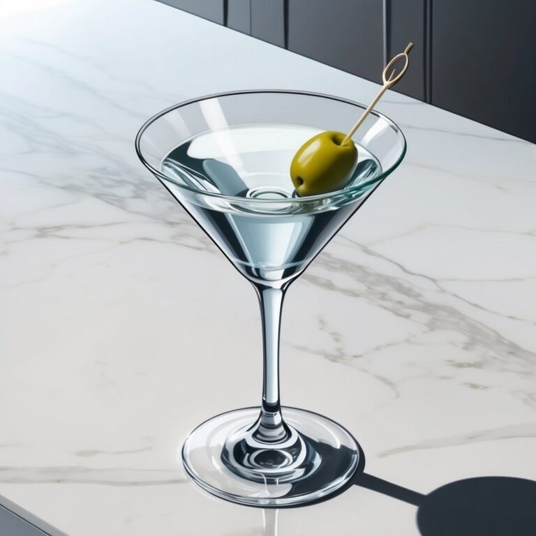 Martini in a glass with an olive on a toothpick, on a marble surface