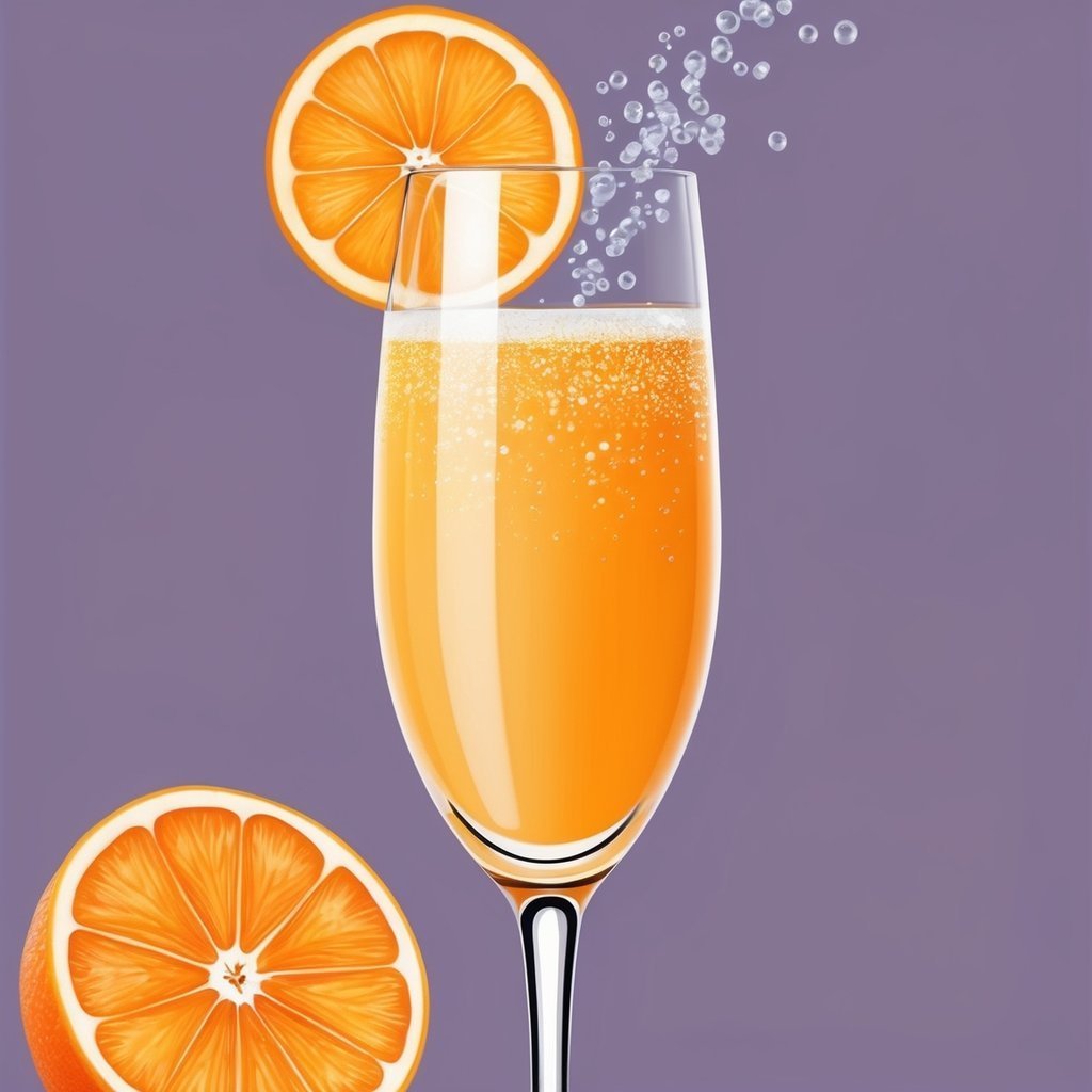 Mimosa cocktail with orange slice garnish and bubbles, on purple background