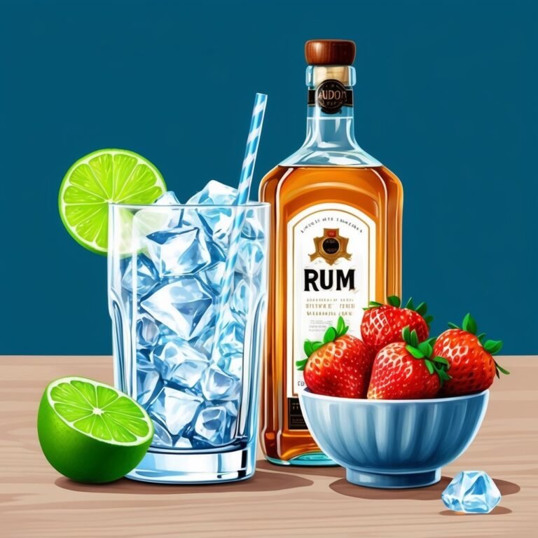 Rum bottle, cocktail with ice, lime, and strawberries in a bowl