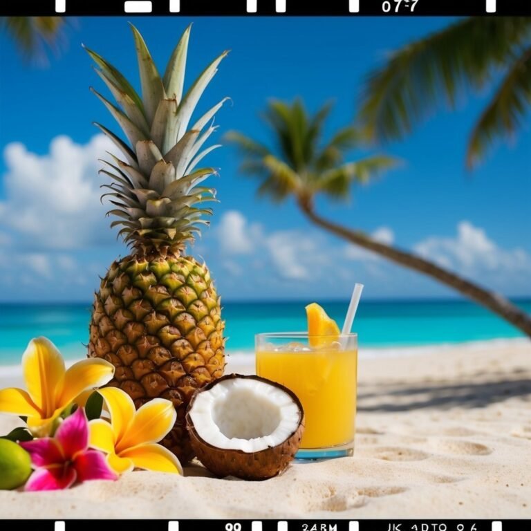 Pineapple, coconut, juice, and flowers on a beach with palm trees