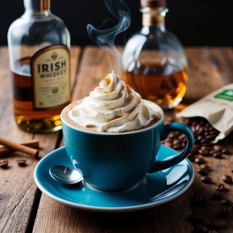 Steaming Irish coffee with whipped cream, whiskey bottles, and coffee beans
