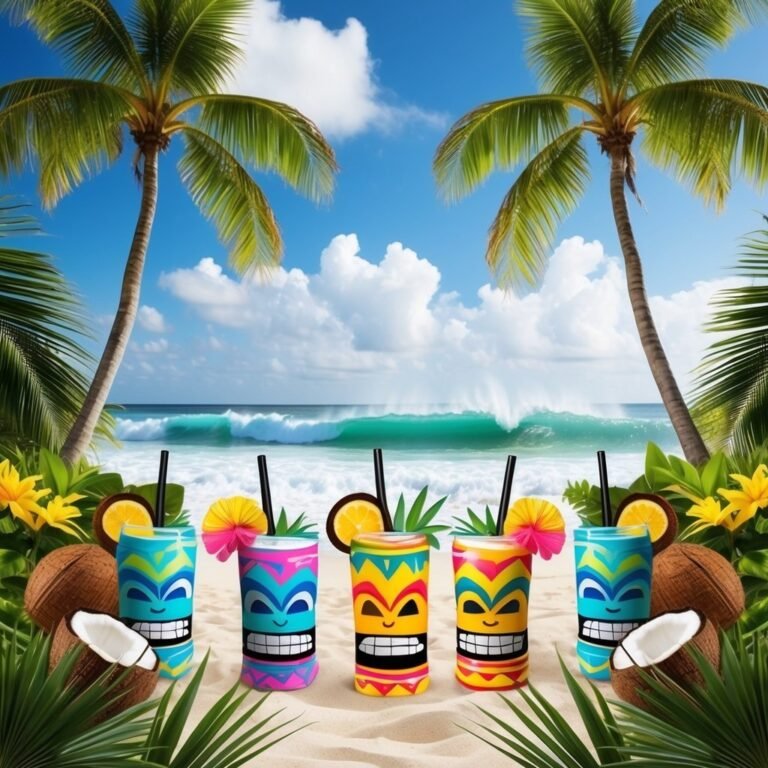Tiki cocktails on a beach with palm trees and ocean waves