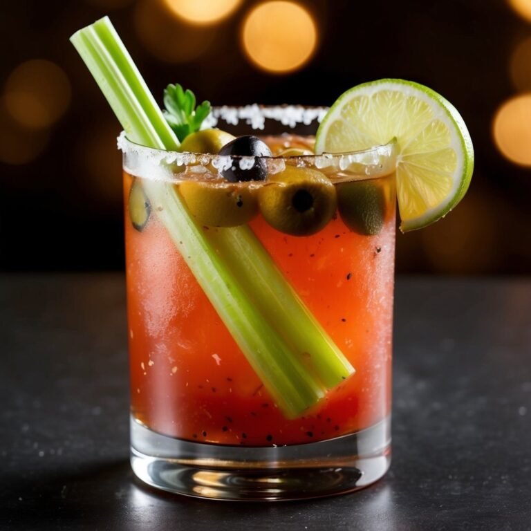 Bloody Mary cocktail with celery, olives, lime, and a salt rim