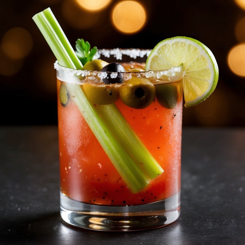 Bloody Mary cocktail with celery, olives, lime, and a salt rim