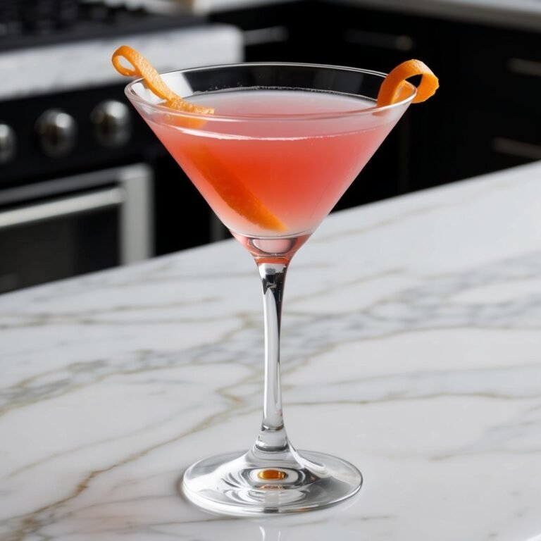 Cosmopolitan cocktail in a martini glass with orange peel garnish