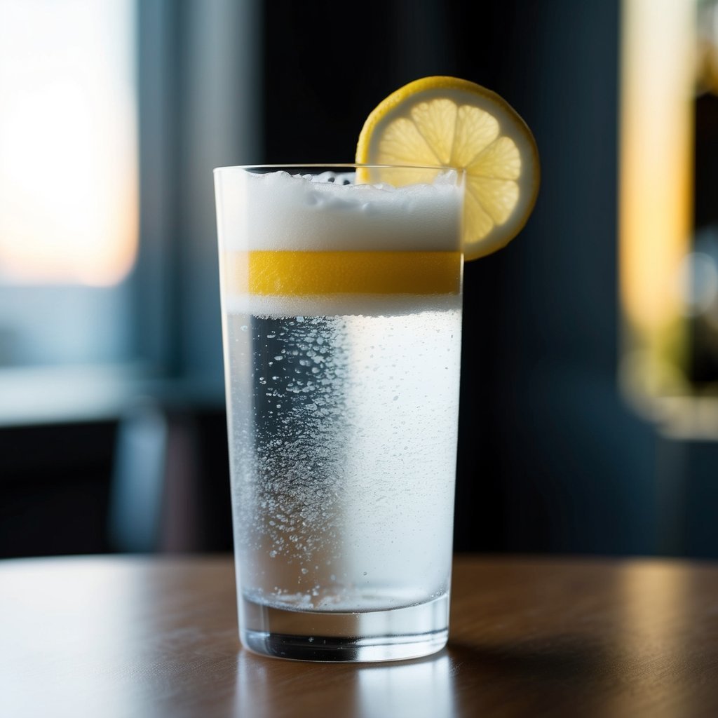 A layered cocktail with lemon slice garnish, on a wooden table