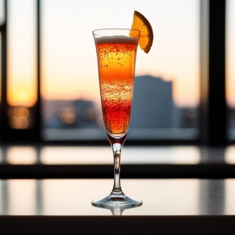 Champagne flute with orange cocktail, bubbles, and orange slice, sunset background