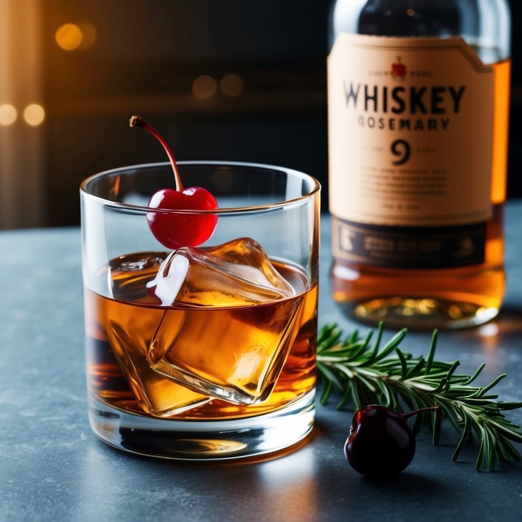Whiskey cocktail with cherry garnish, ice cubes, rosemary, and bottle in background