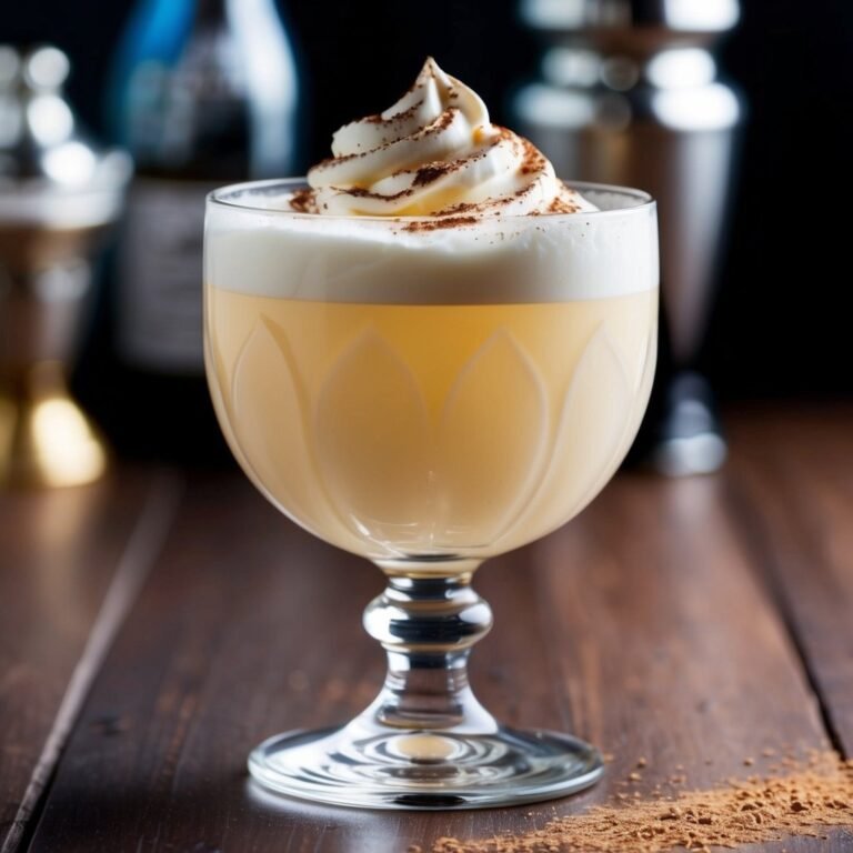 Eggnog cocktail in a glass, topped with whipped cream and cocoa powder