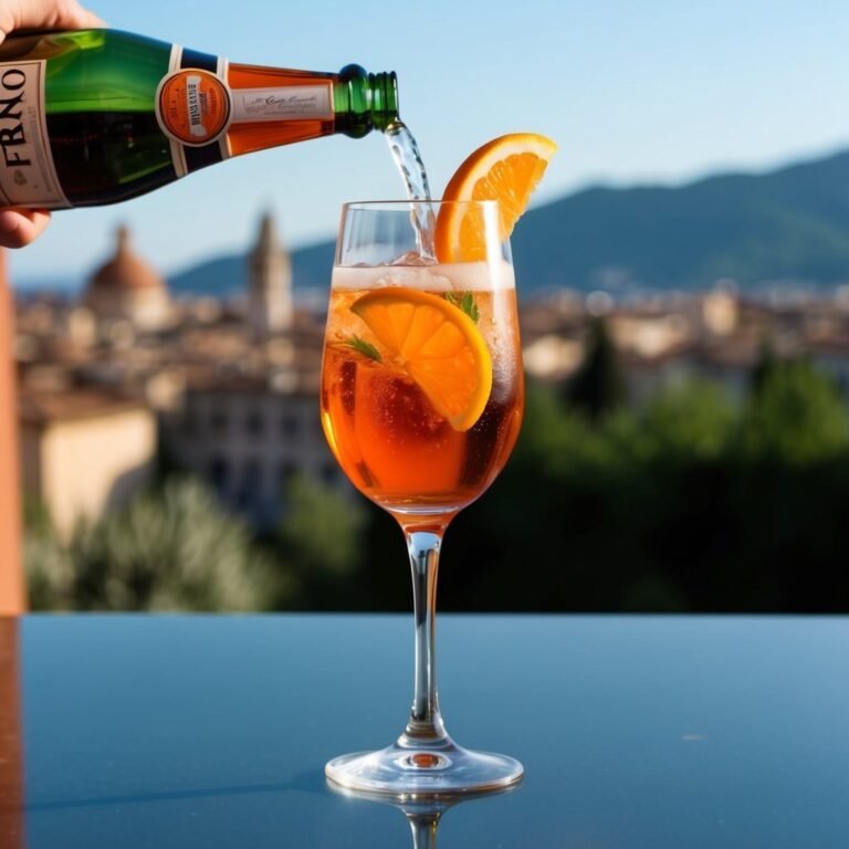 Aperol spritz cocktail being poured with orange slices, overlooking a city