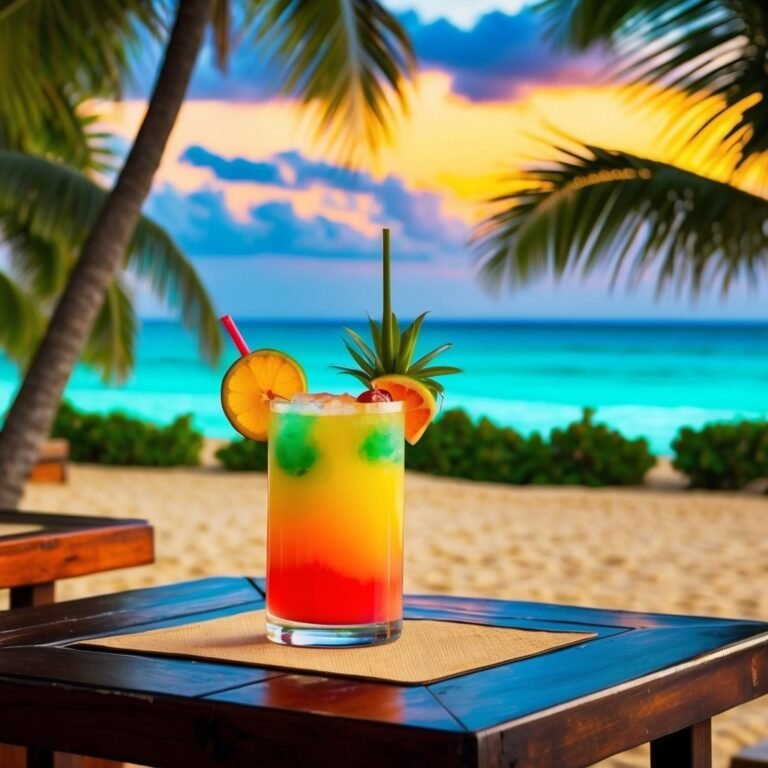 Colorful tropical cocktail with fruit garnish on a beach table