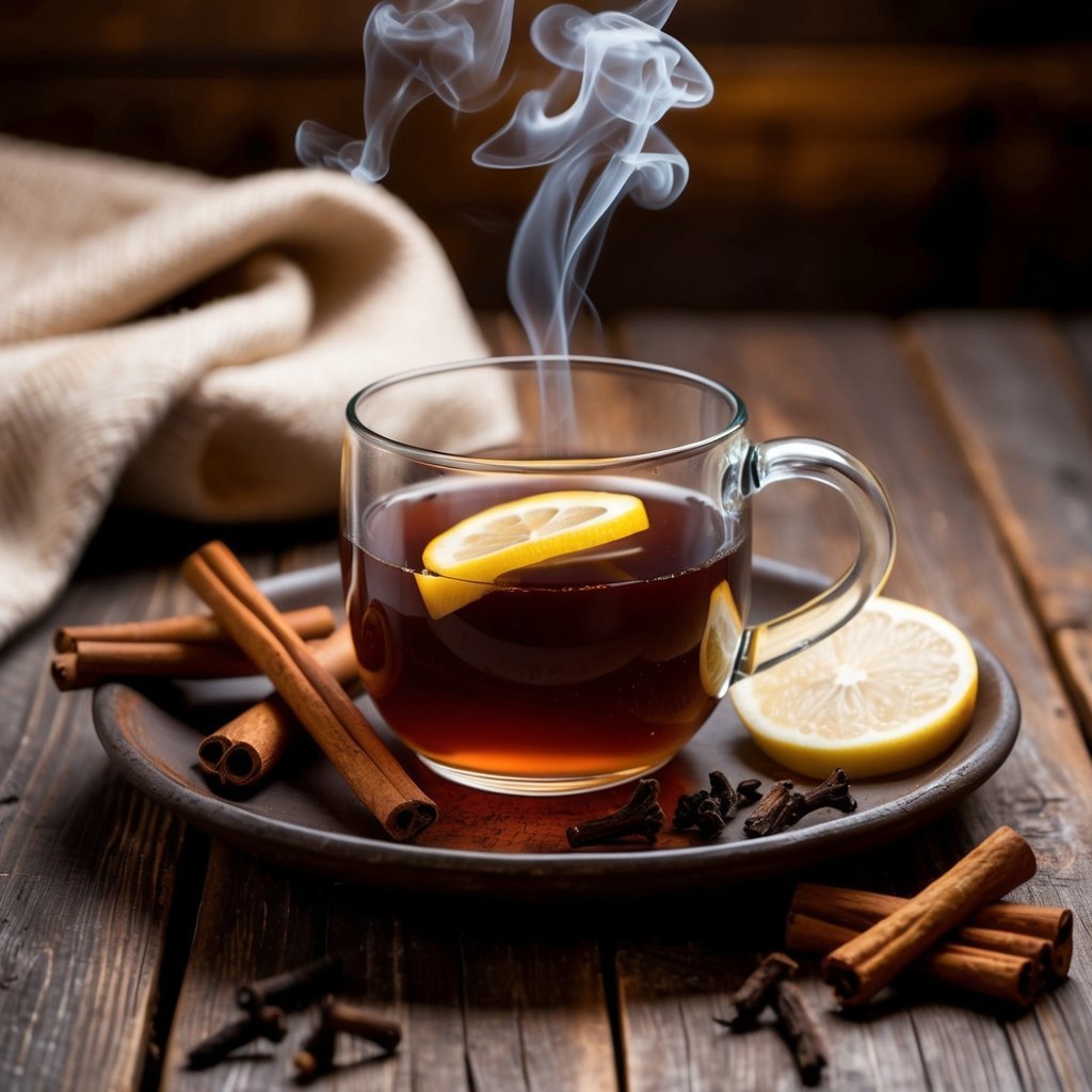 Steaming cup of tea with lemon, cinnamon sticks, and cloves on wood
