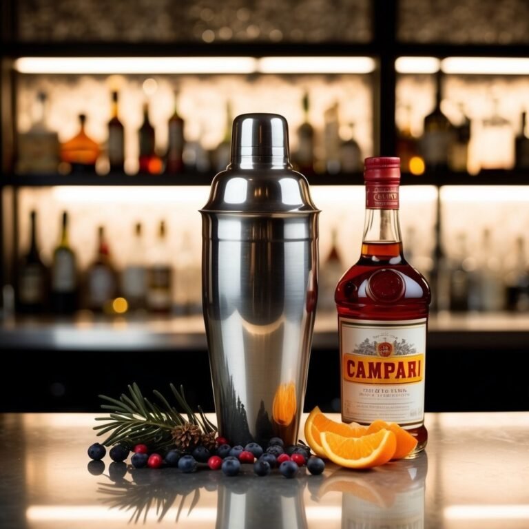 Cocktail shaker, Campari bottle, orange slices, and berries on a bar